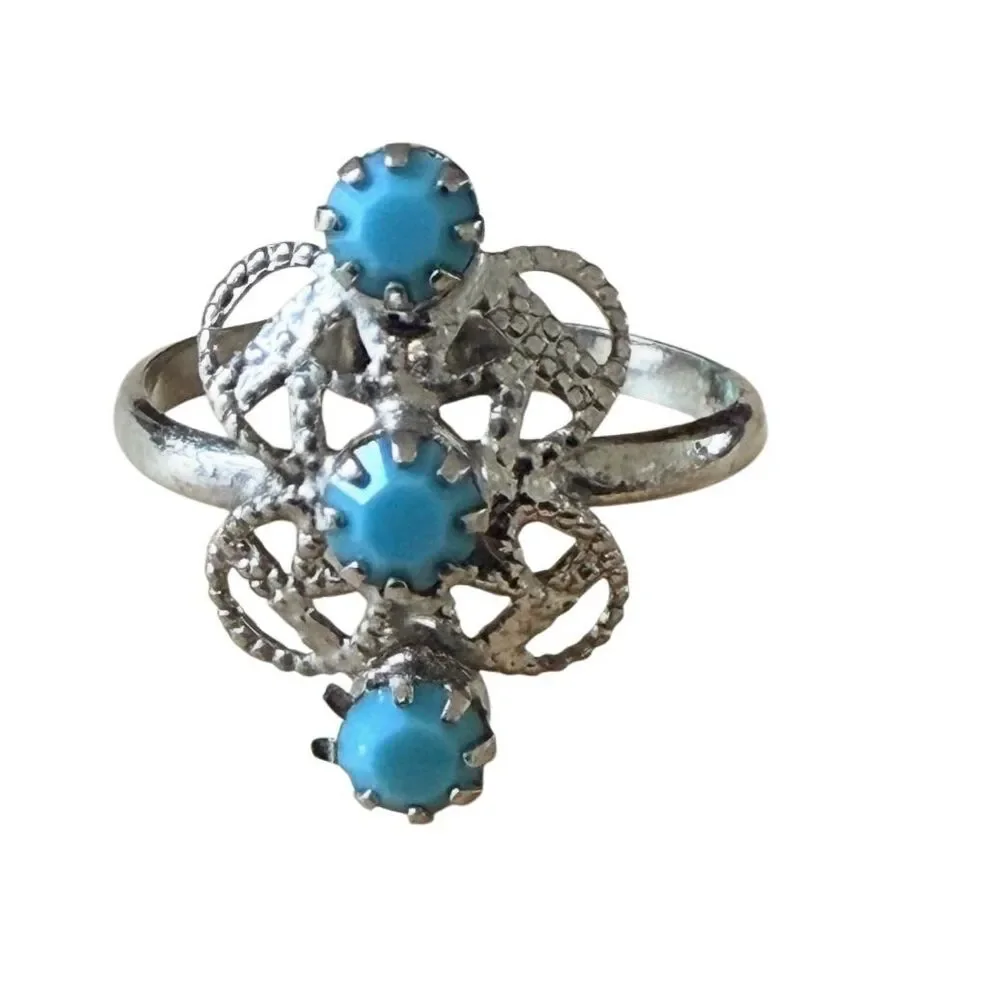 Vintage Adjustable Silver Tone Blue Glass Filigree Ring - Floral Design